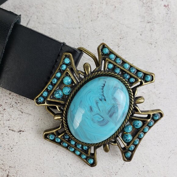 Vintage Belt Shak Canada Leather Belt Western Faux Turquoise Buckle Black sz XL
